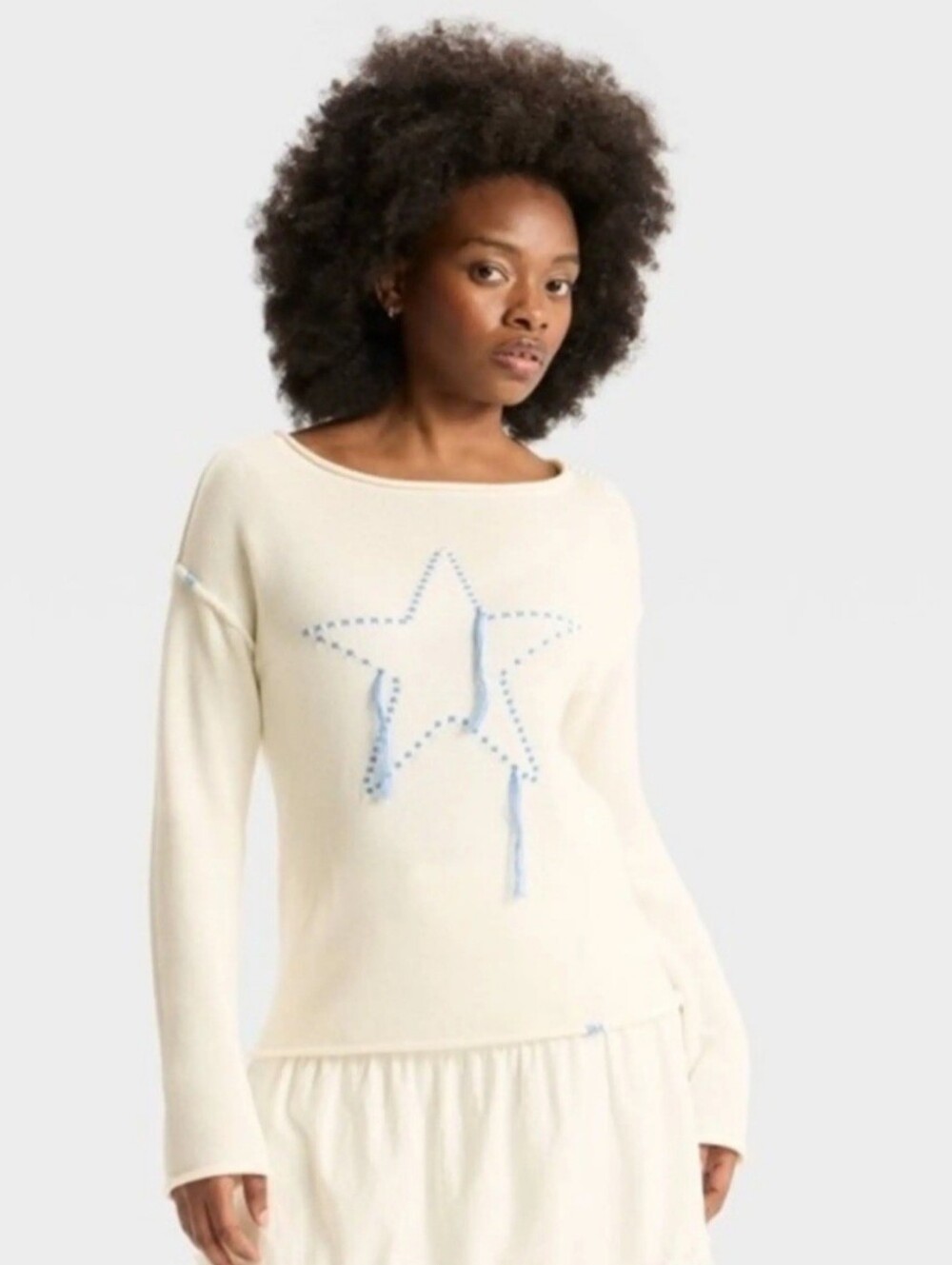 Wild Fable White Blue Star Knit Sweater Size L NWT